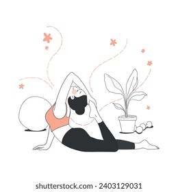 Young woman in sportswear sport exercise at home. Female doing workout indoor. Yoga and fitness, healthy lifestyle. Flat vector illustration isolated on white.