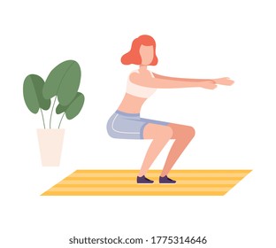 Young Woman in Sportswear Squatting, Girl Doing Sports in Fitness Club, Gym or Home, Active Healthy Lifestyle Flat Style Vector Illustration
