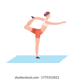 Young Woman in Sportswear Standing on Lord of Dance Pose, Girl Doing Sports in Fitness Club, Gym or Home, Active Healthy Lifestyle Flat Style Vector Illustration