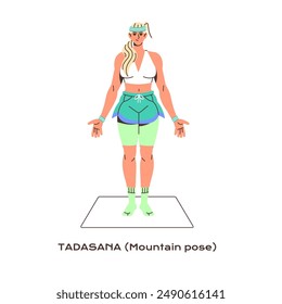 Mujer joven en ropa deportiva de pie en postura de yoga, asana. Deportista practica equilibrio, ejercicios de respiración en Tadasana, pose de montaña. Entrenamiento deportivo. Ilustración vectorial plana aislada sobre blanco