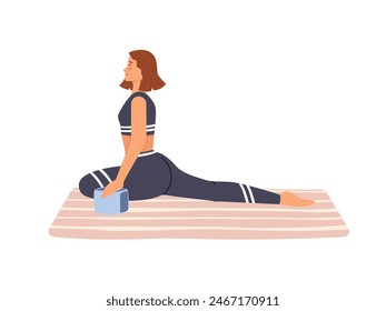 Young woman in sportswear stretching in yoga asana, seated pose. Girl training, does sport exercises in workout. Person care about body health. Flat isolated vector illustration on white background.