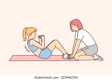Young woman in sportswear training with coach in gym. Toned girl do workout with trainer practice abs exercise. Sport concept. Vector illustration. 