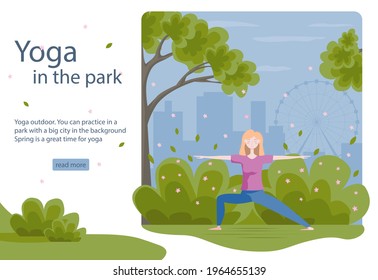 Young woman in sportswear training yoga outdoor in city park spring. Open air yoga practic. Flat cartoon style concept banner, poster or or landing page, web page design for website