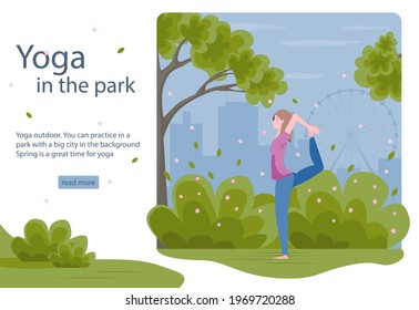Young woman in sportswear training yoga outdoor in city park spring. Open air yoga practic. Flat cartoon style concept banner, poster or or landing page, web page design for website