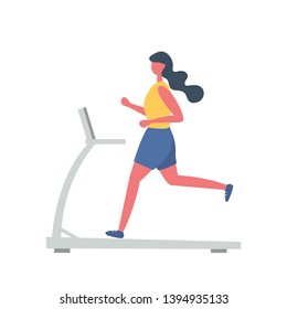 Young woman in a sporty uniform is running on a treadmill. People icon. Funny flat style. Vector illustration.