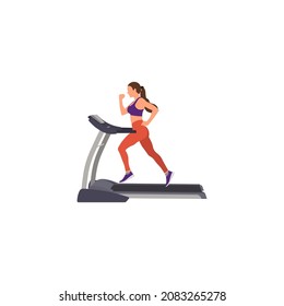 Young woman in a sporty uniform is running on a treadmill. Vector illustration.