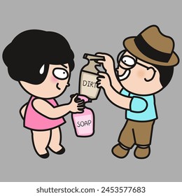 Young Woman Spraying Bottle Soap While Young Man Spraying Bottle Dirt Concept Card Character illustration