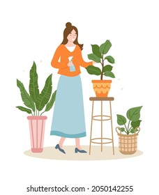 Young woman spraying houseplant. Houseplant care in urban home garden. Caring for potted plants. Ecology hobby.