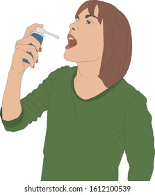 a young woman sprays into her mouth with a spray bottle to treat throat cough contour vector illustration in color
