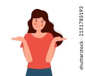 Young woman spread her hands and shrugging her shoulders in flat design on white background, gesture of opps, sorry or do not know.
