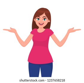 Young woman spread her hands to copy space away for presenting or introducing something while standing and smiling isolated against white background. Concept illustration in vector cartoon flat style.
