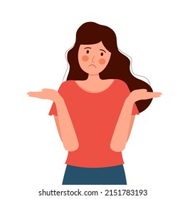 Young woman spread her hands and shrugging her shoulders in flat design on white background, gesture of opps, sorry or do not know.