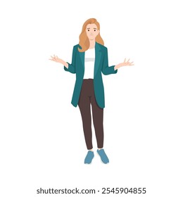 Young woman spread her hands and shrugging her shoulders. Flat vector illustration isolated on white background