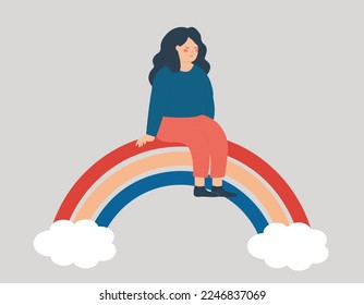 Young woman spreads positive vibe while sitting on the rainbow with balance. Happy girl smiles and enjoys her freedom. Positive body, mental health, psychological care, well being lifestyle concept.