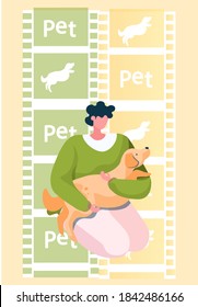 Young woman squatted down, hugging her dog. Funny girl training her domestic animal. Happy female cartoon character playing with her pet on film strip background. Owner with her tender doggy