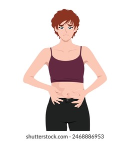 Young woman squeezes belly fat on her stomach. Woman worries that she is getting fat. Flat vector illustration isolated on white background