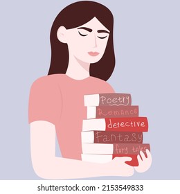 A young woman with a stack of books of different genres: fantasy, novel, poetry, detective, fairy tales. Love of reading. Reading club. The girl in the library. Vector flat illustration