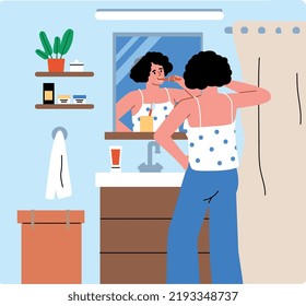 Young woman stading in front of mirror and brushing teeth. Bathroom. Daily routine. Morning care. Girl cartoon. Flat vector illustration.