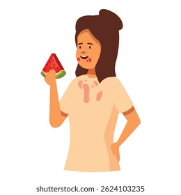 Young woman with a stained t shirt is holding and eating a slice of watermelon