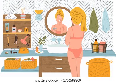Young woman stand in front of mirror and care about her skin with cream in bathroom. Concept of beauty, skincare, makeup. Hand drawn Flat cartoon vector illustration. 