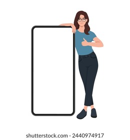 Young woman stand near big mobile phone blank screen workspace area show thumb up. Flat Vector Illustration Isolated on White Background