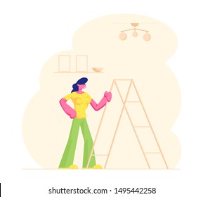 Young Woman Stand near Ladder in Living Room Apartment under Lamp Hanging on Ceiling. Housewife Decorate Home Interior Design or Engage Household Activity and Chores. Cartoon Flat Vector Illustration
