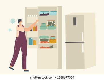 Young Woman Stand near Open Refrigerator with Packages of Frozen Vegetables and Containers with Iced Berries. Female Character Eat Healthy Food, Vitamin and Eco Products. Linear Vector Illustration