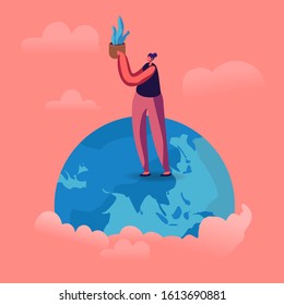 Young Woman Stand on Earth Globe Holding Potted Plant in Hands. Save the Planet Concept. Problem of Global Warming and Nature Pollution. Volunteer Care of Environment. Cartoon Flat Vector Illustration