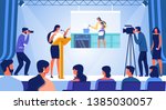 Young Woman Stand on Stage with Big Audience and Cameraman with Speech about Life of Housekeepers and how to Become Businesswoman. Female Power, Career, Independence Cartoon Flat Vector Illustration