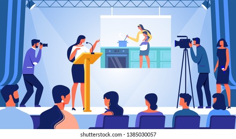 Young Woman Stand on Stage with Big Audience and Cameraman with Speech about Life of Housekeepers and how to Become Businesswoman. Female Power, Career, Independence Cartoon Flat Vector Illustration