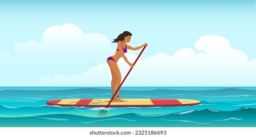 Young Woman Stand Up Paddling on Sap Board with in the Sea. Vector illustration