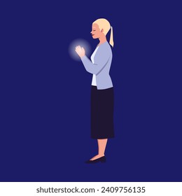 Young woman stand and praying with folded hands and closed eyes. Profile of female prayer. Faith and religion concept. Flat vector illustration with dark background.