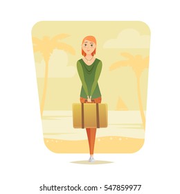 Young woman stand with suitcase. Young girl traveler. Adventure travel. Summer vacation. Around the world. Cartoon style. Vector illustration.