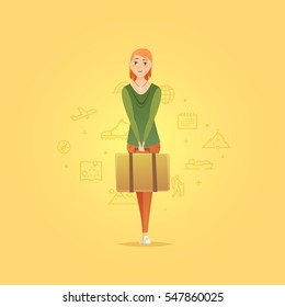 Young woman stand with suitcase. Young girl traveler. Adventure travel. Summer vacation. Around the world. Cartoon style. Vector illustration.