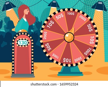 Young Woman Stand at Tribune with Scoreboard and Glowing Lightbulbs Spinning Wheel of Fortune or Roulette with Dollar Sums during Television Game or Tote Lottery. Cartoon Flat Vector Illustration