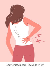 Young woman standing with acute back pain. Symptom of the disease. Body care and health. Flat vector illustration isolated on white background