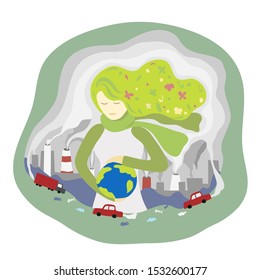 young Woman standing among polluted city and holding world in hand. save planet abstract illustration. Nature pollution and woman taking care about earth. world environment day and save earth concept