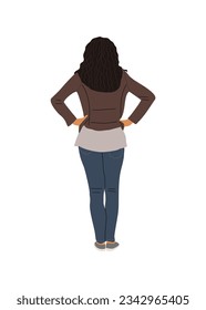 Junge Frau, die nach hinten zeigt. Cartoon Female Character Tragen von Casual Street Mode Outfit, dunkle Jeans, Lederjacke Rear View Vektorgrafik realistisch einzeln auf weißem Hintergrund