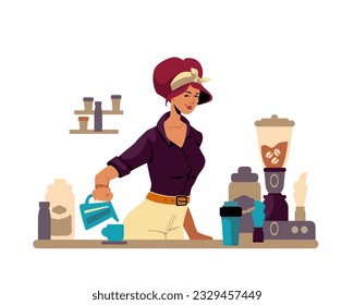 Mujer joven parada detrás del mostrador y ordeñando leche en una taza. Beber en el trabajo. El propietario de un pequeño negocio. Trabajador profesional de la cafetería. Ilustración plana del vector