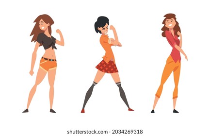 Young Woman Standing in Brave Pose Feeling Strength and Power Vector Set
