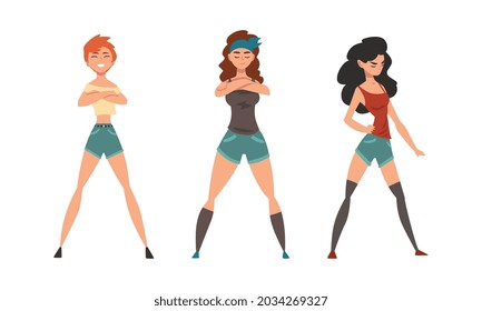 Young Woman Standing in Brave Pose Feeling Strength and Power Vector Set