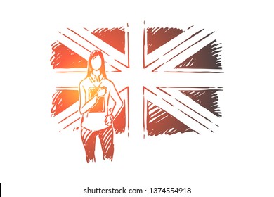 Young Woman Standing By Great Britain Flag, Student Exchange, Work Abroad, Foreign Teacher From UK. English Course, Language Training Classes Concept Sketch. Hand Drawn Vector Illustration