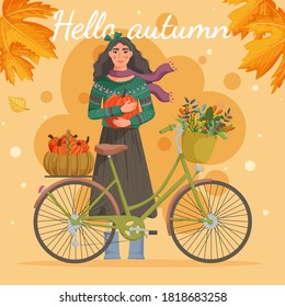 Young woman standing by a vintage city bikcycle with autumn bouquet and pumpkins in a basket. Hello autumn. Design for card, poster, flyer, website. Vector illustration.