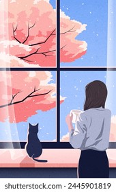 Una mujer joven está de pie junto a la ventana bebiendo café. Paisaje de primavera afuera. Cielo azul con hermoso cerezo en flor. Pensar, meditar concepto. Ilustración de diseño de Vector dibujado a mano.