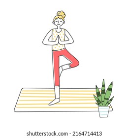 Young woman standing at calm yoga posture flat vector illustration. Female character doing morning exercise at home healthcare concept