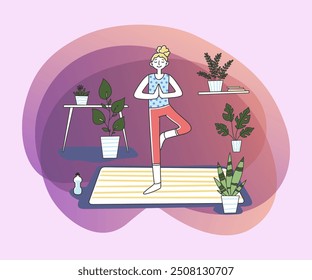 Young woman standing at calm yoga posture flat vector illustration. Female character doing morning exercise at home. Wellness and healthcare concept.