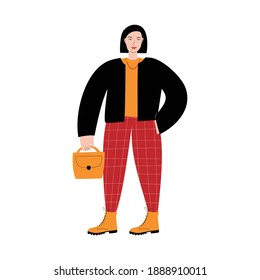 Young woman standing in casual clothes and holding a bag. Flat colorful vector illustration on white background