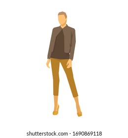 Young woman standing in casual clothing. Jacket, trousers and high heels shoes. Flat design geometric vector illustration. Front view