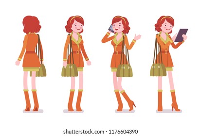 Young woman standing. Caucasian millennial girl, attractive red-haired lady with phone in trendy jacket and high boots, youth urban fashion. Vector flat style cartoon illustration, front and rear view