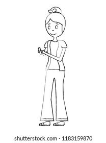 young woman standing character using mobile device